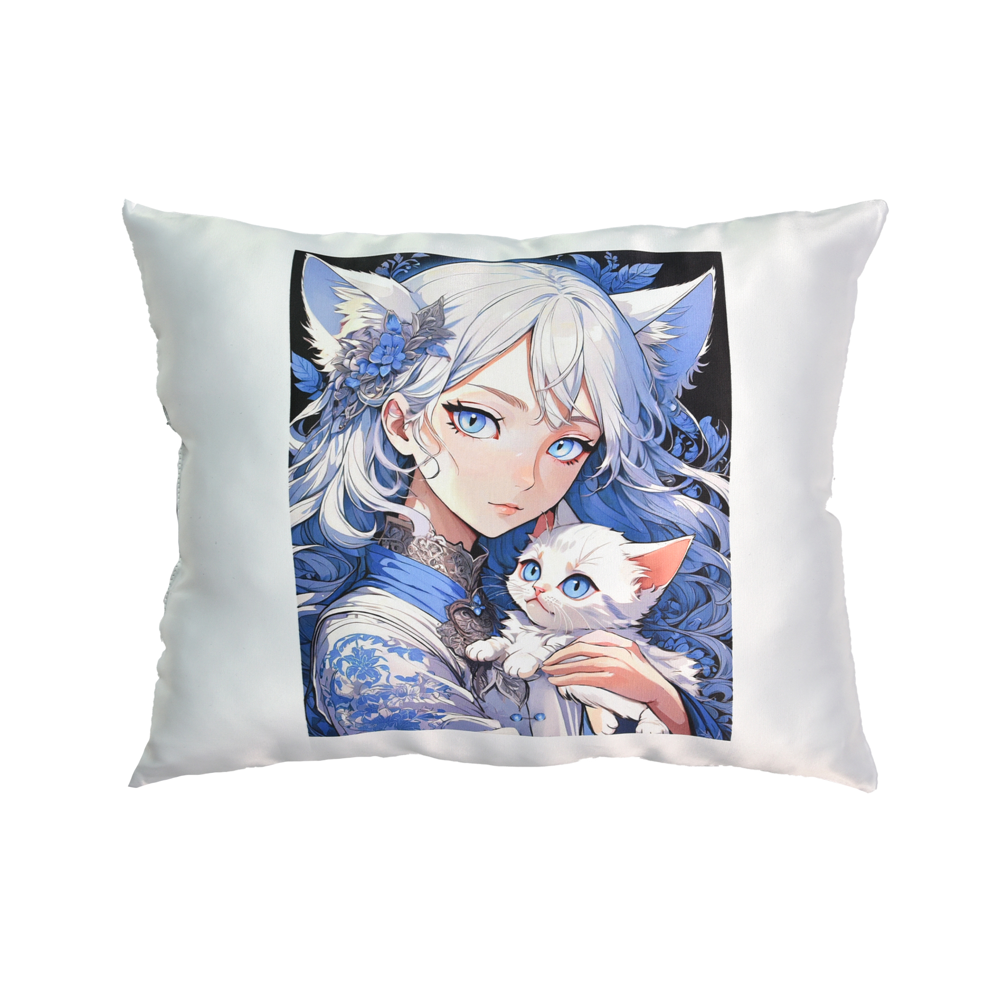 Подушка    "Аніме дівчина з кошеням" розмір 40*35 см (чорна) з нанесенням сублімації (60660)