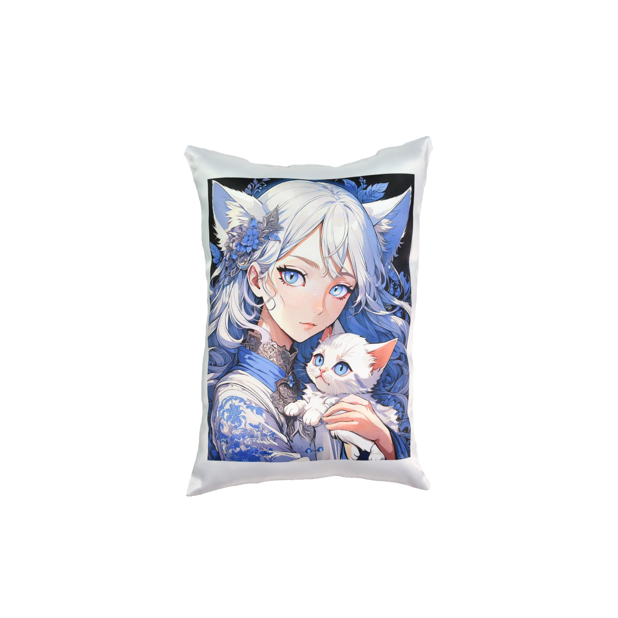 Подушка "Аніме дівчина з кошеням" розмір 26*35 см (чорна) з нанесенням сублімації  (60672)