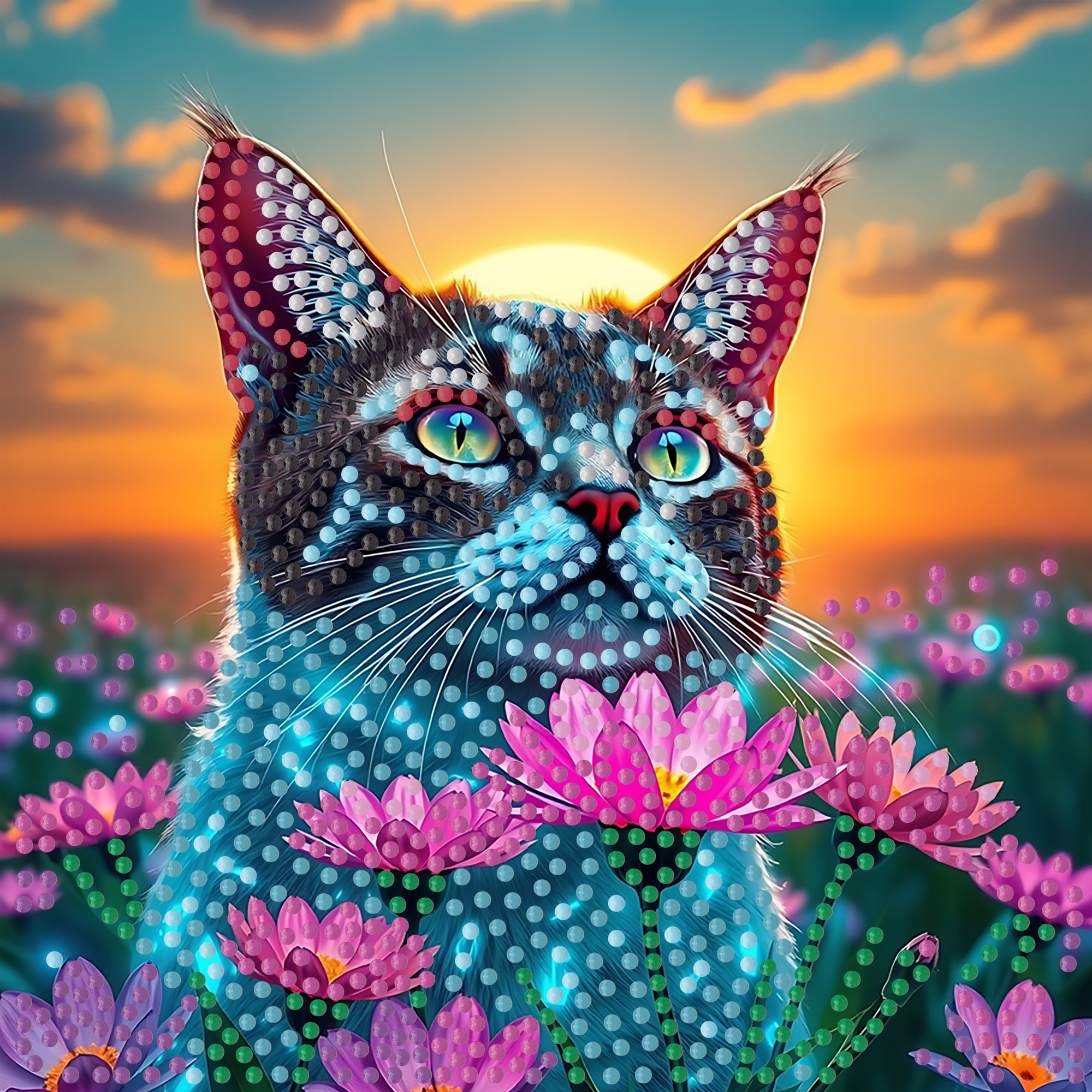 Алмазна мозаїка Strateg ПРЕМІУМ Кіт у полі на паперовій основі розміром 18х18 см (ZAV1818-8)