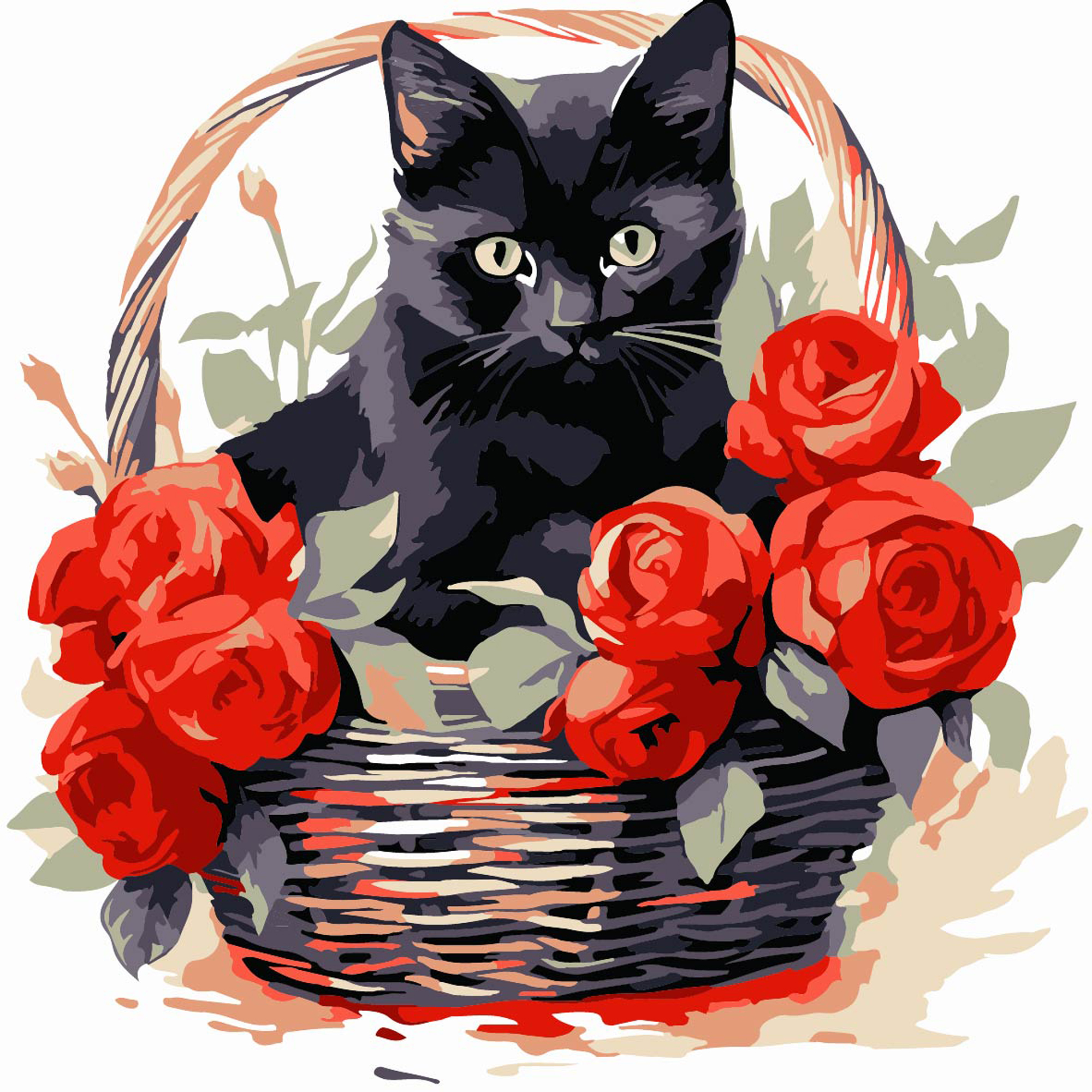 Картина за номерами Strateg Чорна кішка з трояндами розміром 20х20 см (HH8009)