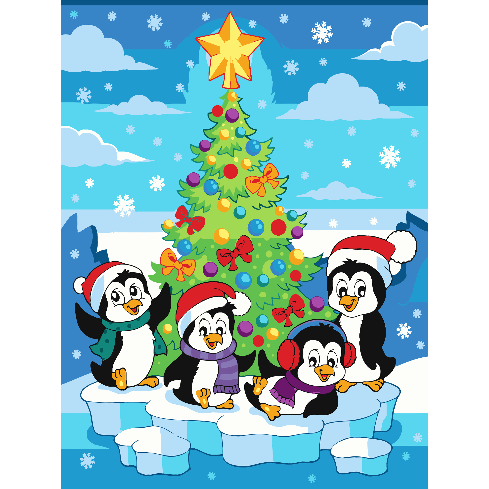 Картина за номерами Strateg ПРЕМІУМ Веселі пінгвіни з лаком та з рівнем розміром 30х40 см (SS1235)