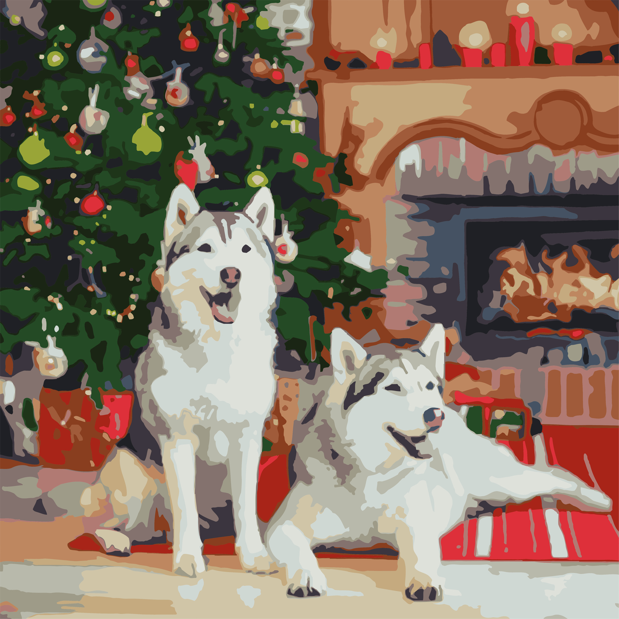 Картина за номерами Strateg ПРЕМІУМ Хаскі біля каміну розміром 40х40 см(FF-1004)