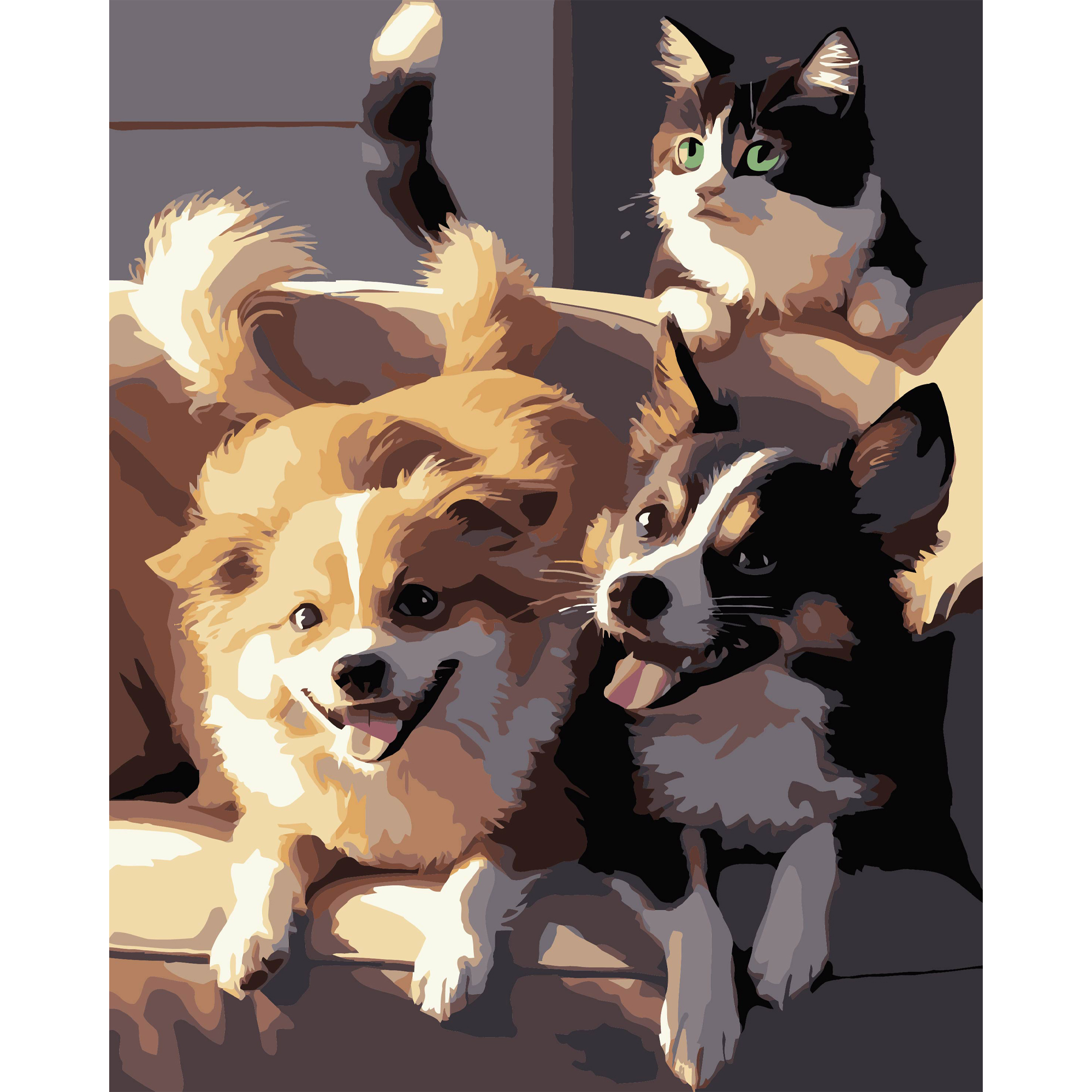 Картина за номерами Strateg ПРЕМІУМ Дві собаки і кіт на чорному фоні розміром 40х50 см (AH1190-17)