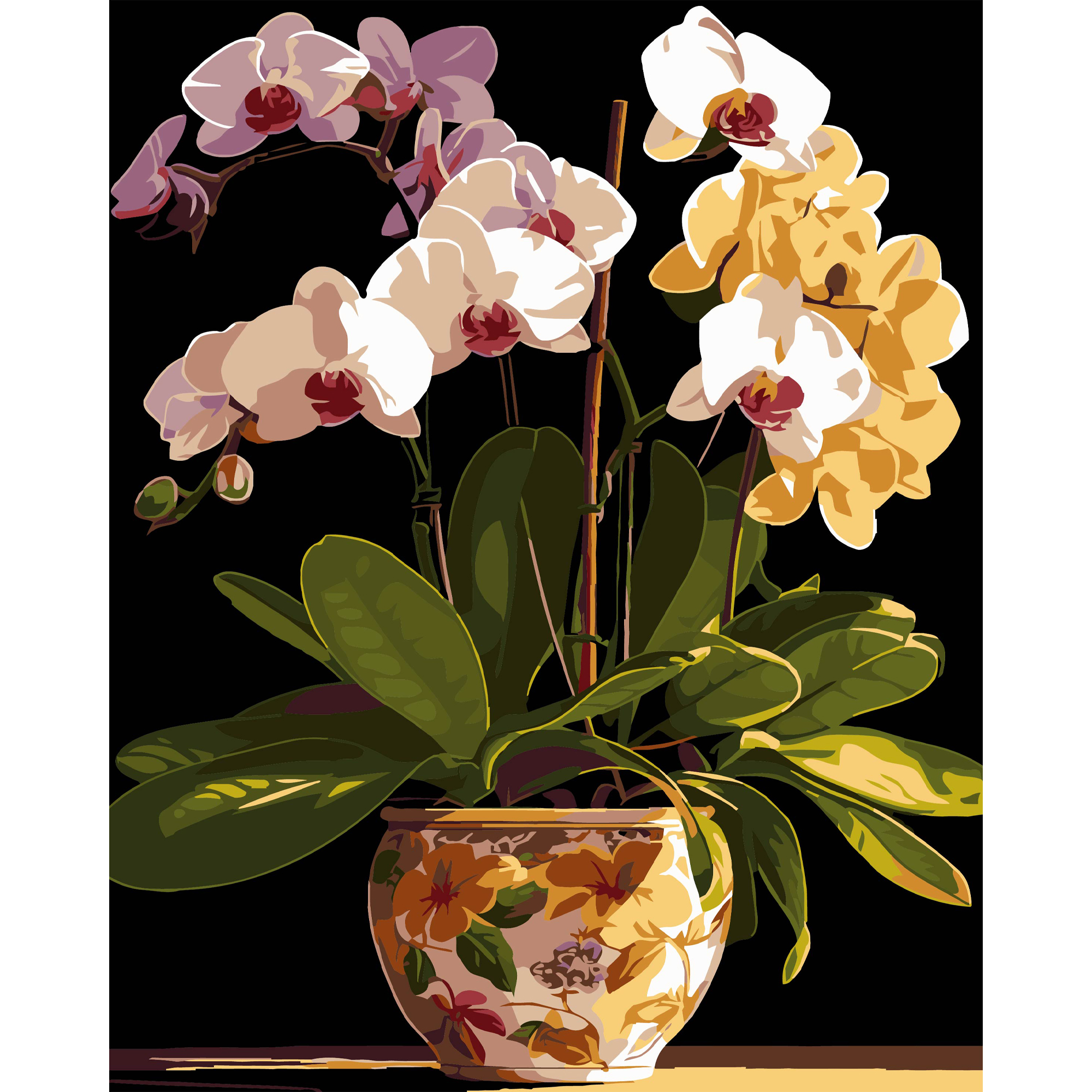 Картина за номерами Strateg ПРЕМІУМ Вазон орхідей на чорному фоні розміром 40х50 см (AH1198)