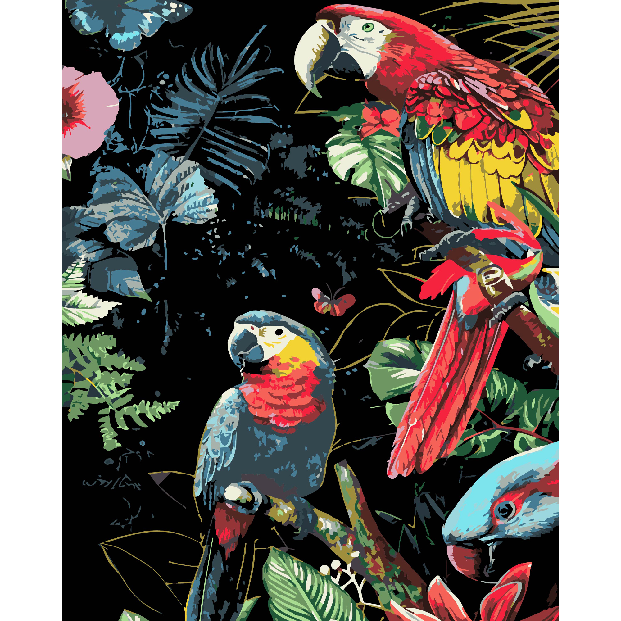 Картина за номерами Strateg ПРЕМІУМ Яскраві папуги на чорному фоні розміром 40х50 см (AH1201-19)