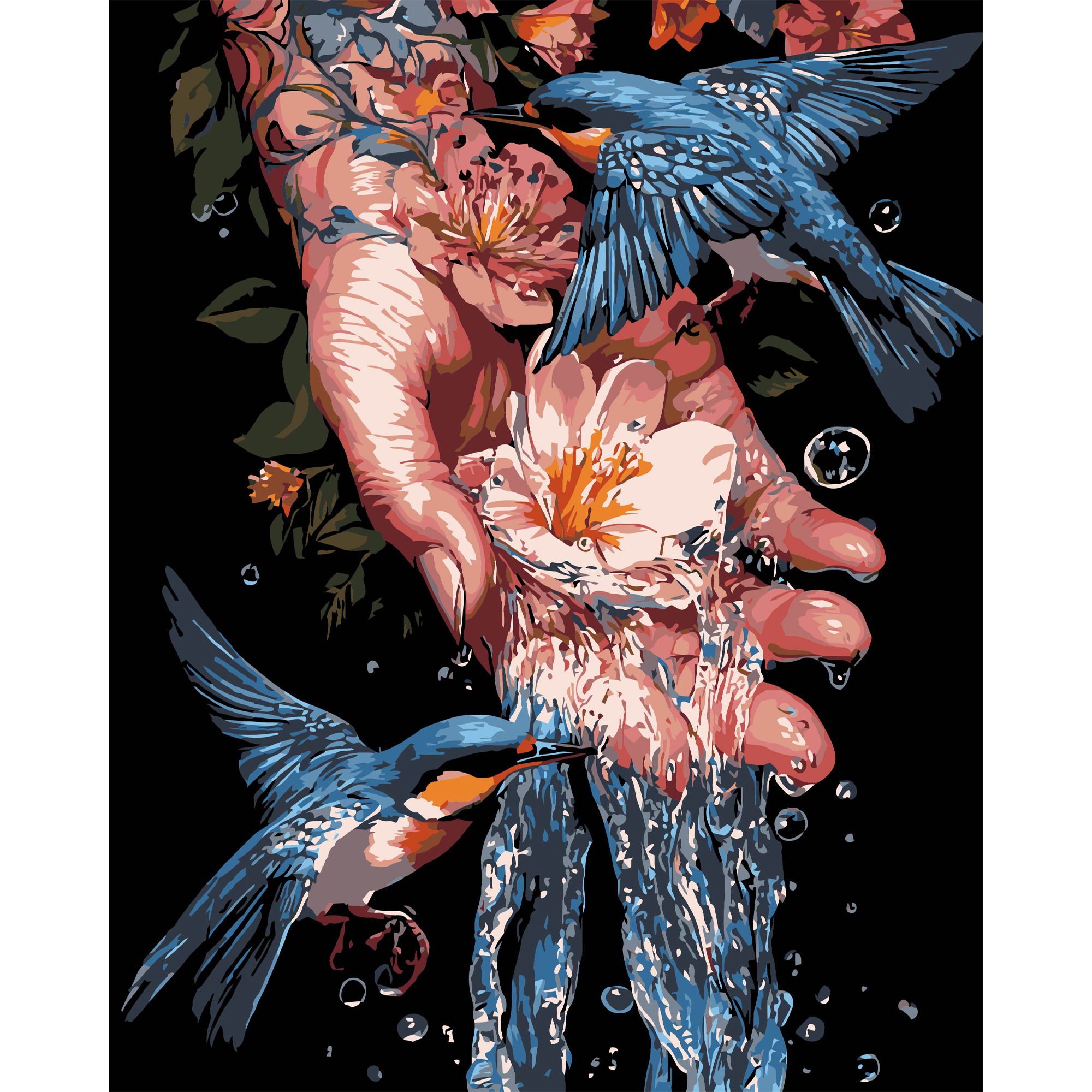 Картина за номерами Strateg ПРЕМІУМ Сині птахи на чорному фоні розміром 40х50 см (AH1204-17)