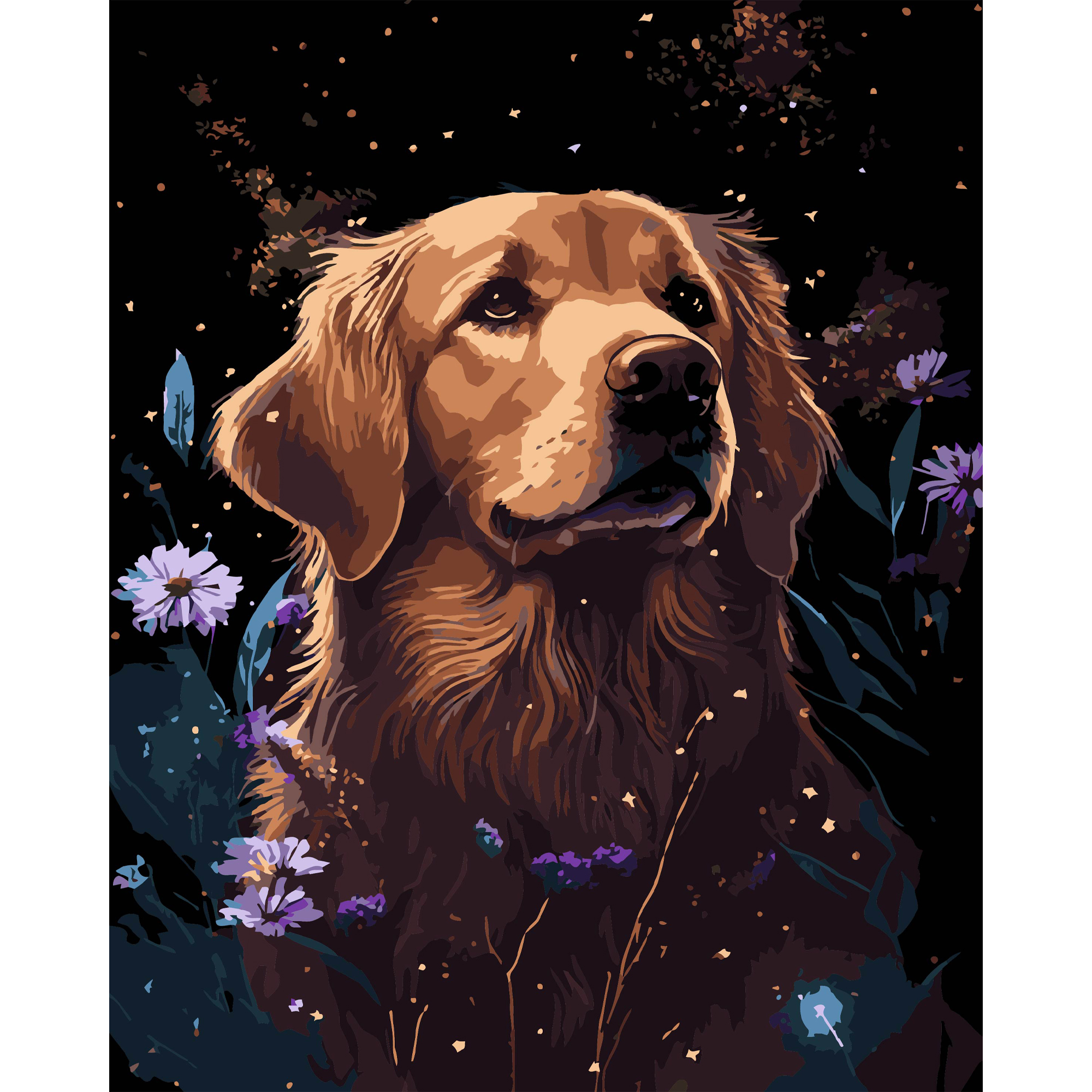 Картина за номерами Strateg ПРЕМІУМ Ретривер у квітах на чорному фоні розміром 40х50 см (AH1207-17)