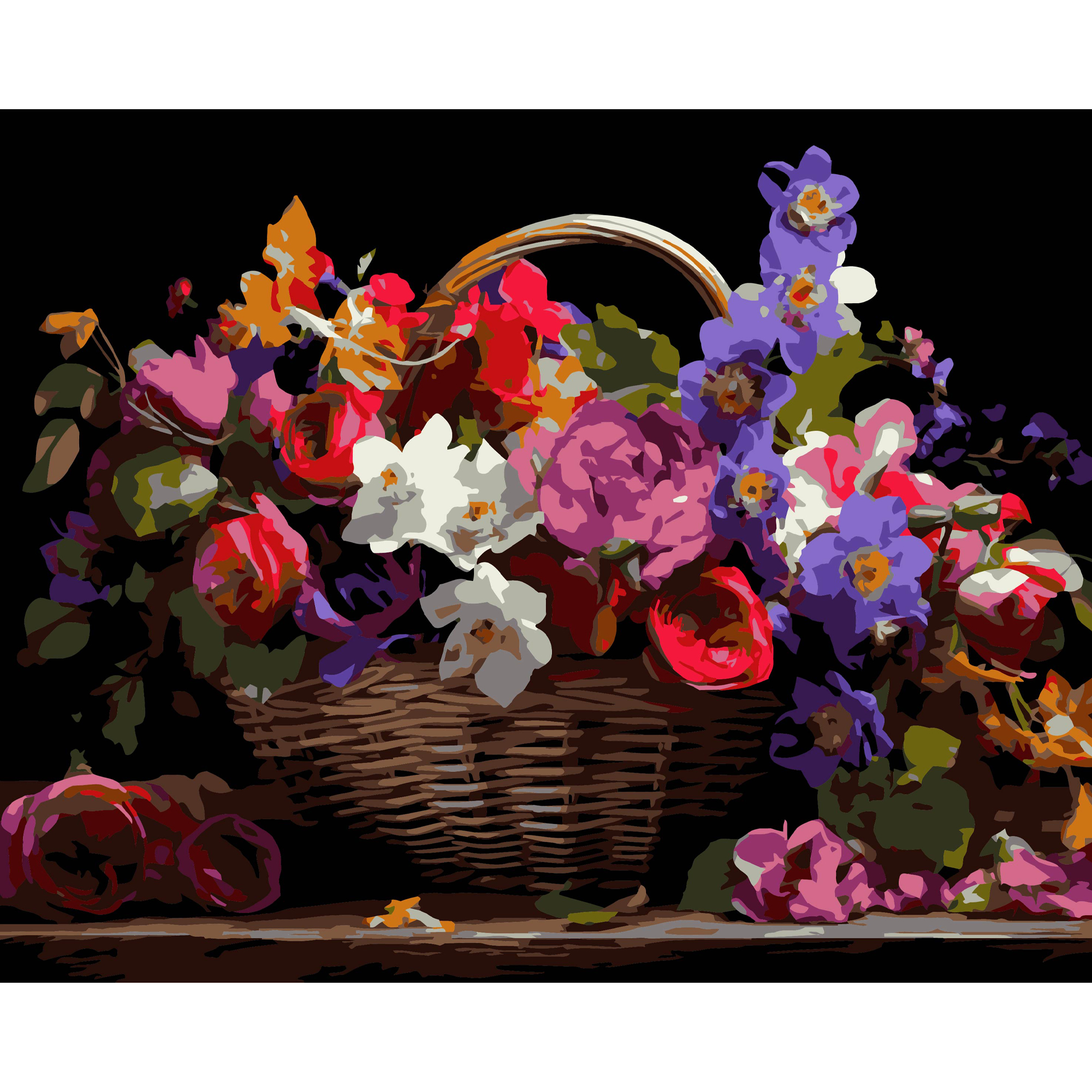 Картина за номерами Strateg ПРЕМІУМ Кошик різнокольорових квітів на чорному фоні розміром 40х50 см (AH1213-19)