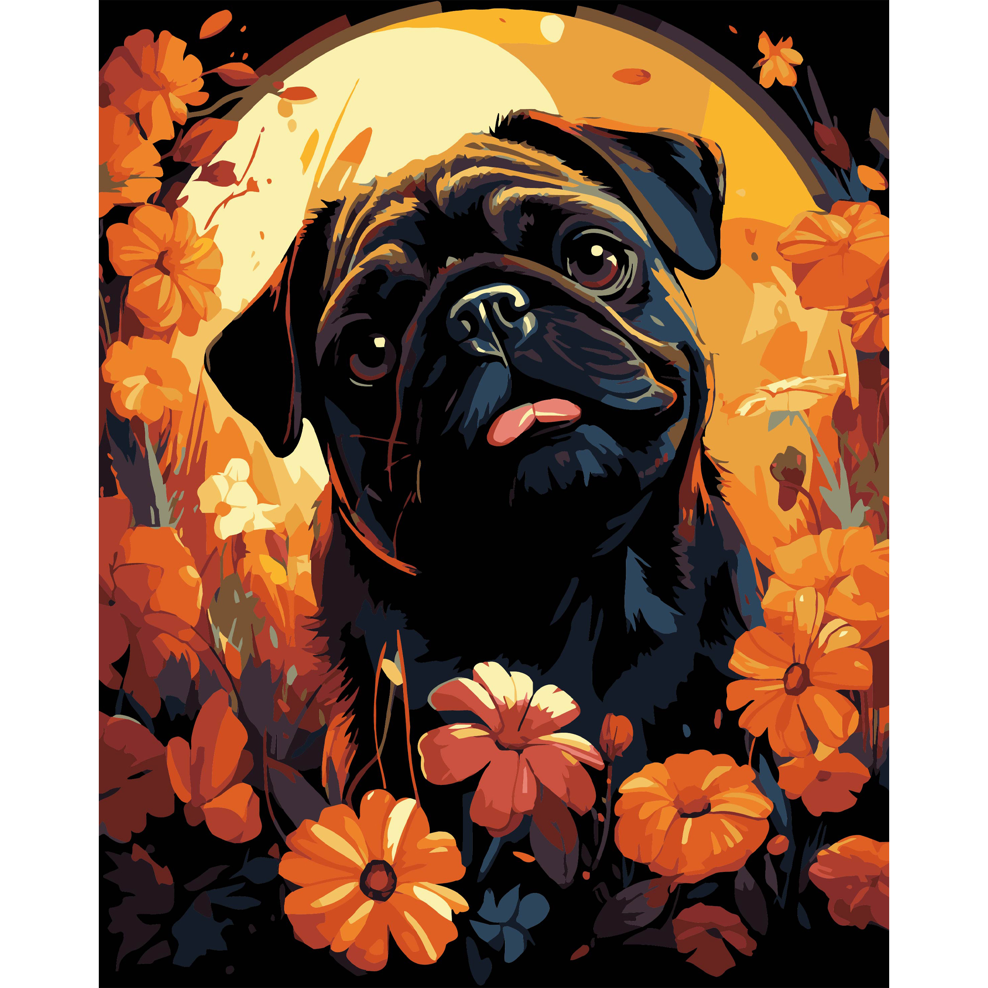 Картина за номерами Strateg ПРЕМІУМ Мопс у квітах на чорному фоні розміром 40х50 см (AH1228-18)
