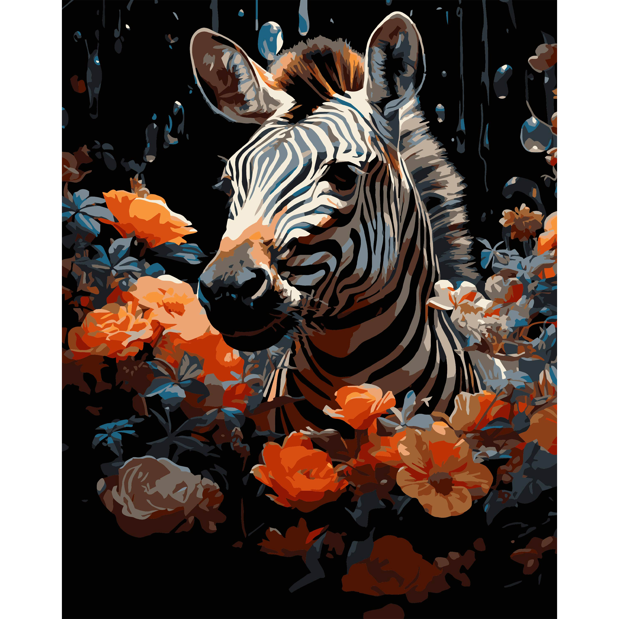 Картина по номерам Strateg ПРЕМИУМ Зебра в цветах на черном фоне размером 40х50 см (AH1231-17)