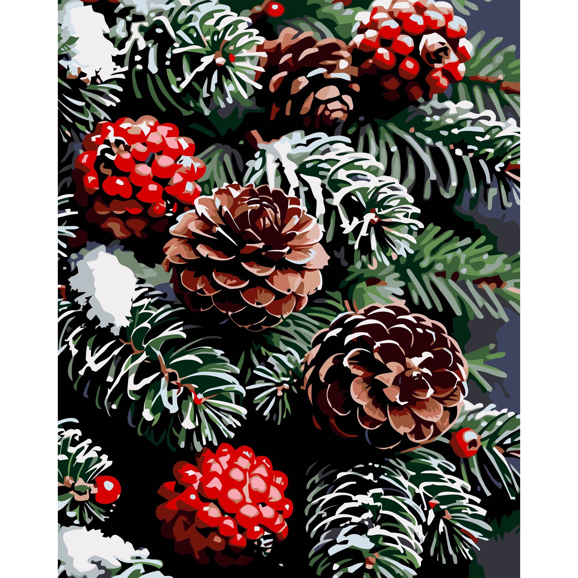 Картина за номерами Strateg ПРЕМІУМ Зимова хвоя на чорному фоні розміром 40х50 см (AH1236)