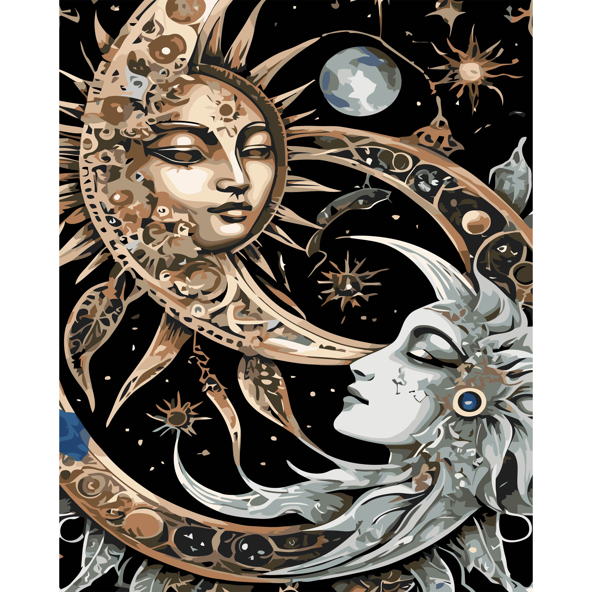 Картина за номерами Strateg ПРЕМІУМ Сонце і Місяць на чорному фоні розміром 40х50 см (AH1238)