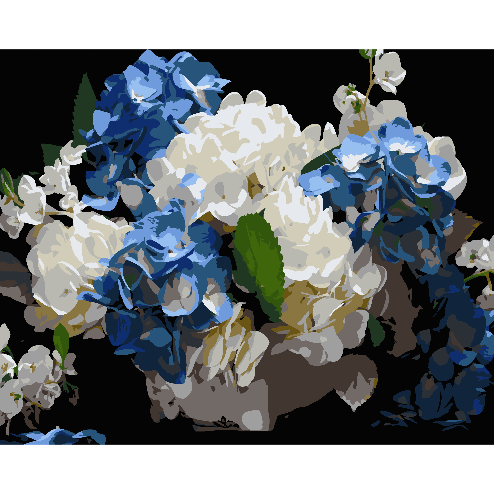 Painting by numbers Strateg Blue and white hydrangeas on a black background 40Х50 (AH1247)